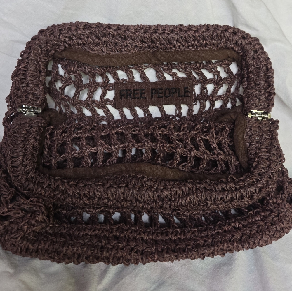 FREE PEOPLE Sand Bound Clutch In Chocolate Boho Beach  Vibes Crochet Grannycore
